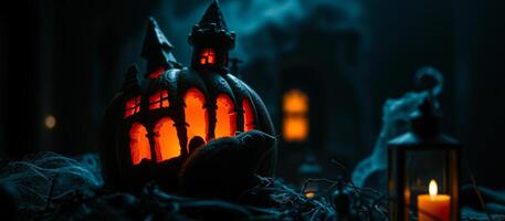 spooky pumpkin house glows with a mouse peeking out photo