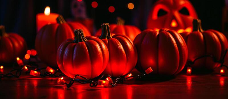 iluminado en rojo calabazas brillante en un oscuro superficie foto