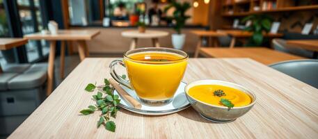 glass yellow drink a bowl yellow soup on a wooden table photo