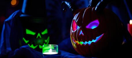 glowing pumpkins illuminate a dark halloween scene photo