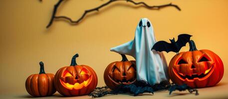 lit pumpkins a ghost create a spooky halloween scene photo