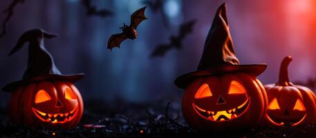 Tres Jack-o'-lanterns bruja sombreros resplandor un oscuro bosque foto