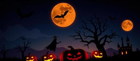 glowing halloween scene with jack-o'-lanterns bats photo