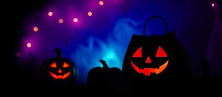 three illuminated jack-o'-lanterns create a spooky mood photo