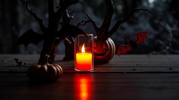 burning candle creates warmth on a dark wooden surface photo