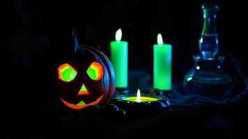 carved pumpkin glows brightly a mysterious halloween setting photo