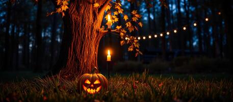 iluminado Jack-o'-lantern descansa debajo un árbol un oscuro bosque foto