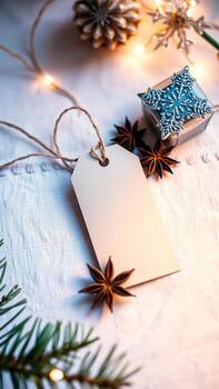 blanco etiqueta adornado con festivo elementos foto