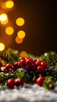 rojo bayas en un pino rama con calentar Encendiendo foto