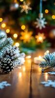 warm string lights illuminate a rustic tabletop decorated with pine branches snowflakes photo