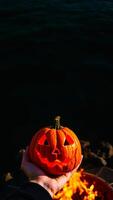 lit jack-o'-lantern held over a fire photo