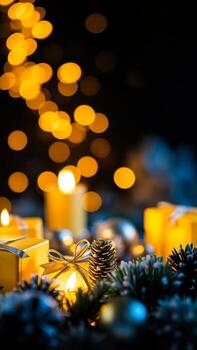 brillante vela con festivo decoraciones foto