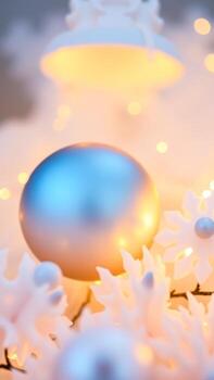 azul ornamento en medio de copos de nieve calentar luces foto