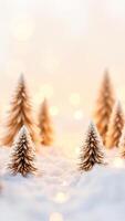 miniatura escarchado pino arboles un Nevado escena con calentar luces foto