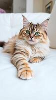 long-haired tabby cat reaches out with a playful paw photo