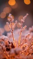 frost-covered branches glowing warm light photo