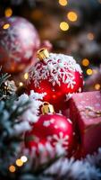 red christmas ornaments with snowflake decorations photo