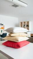 stack four colorful pillows on a white table photo