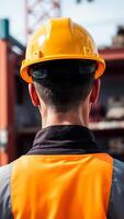 construction worker safety gear stands at a job site photo
