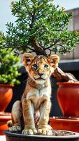 curious lion cub perched on a pot photo