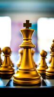golden chess king stands tall on a checkered board photo