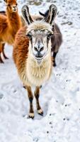 llama with curious eyes stands the snow photo