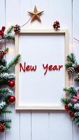 festive new year frame with evergreen branches ornaments photo