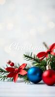 blue red christmas ornaments with pine branches photo
