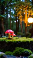two red white mushrooms on a mossy log a forest photo