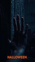 hand reaches through a wet window pane with the word 'halloween' visible photo