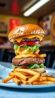 double-decker burger with melted cheese crispy fries photo