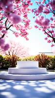 white platform set under a canopy pink blossoms photo