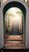 white archway frames steps leading a foggy path the woods photo