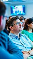 man with glasses listens intently during a presentation. photo