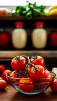 bowl red tomatoes on a wooden surface photo