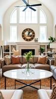 modern living room with a white fireplace an arched window photo