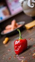 single red pepper rests on a brown surface photo