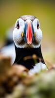 seabird with a colorful beak gazes directly at the camera photo