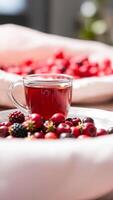 glass cup red liquid sits on a plate with a variety berries photo