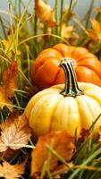 yellow pumpkins amidst autumn leaves photo