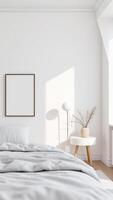 minimalist bedroom with white bed a simple frame photo
