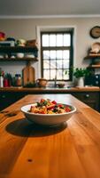 bowl fresh fruit grain breakfast on a wooden table photo