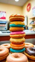 stack six donuts with various colorful icings photo