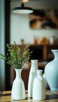 three white vases with green sprigs on a wooden table photo