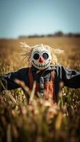 weathered scarecrow stands tall a field crops. photo