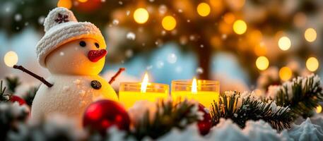 monigote de nieve con ardiente velas un invierno ajuste foto