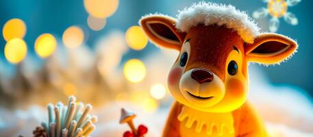 smiling reindeer figurine with festive lights photo
