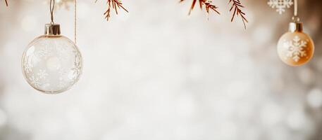 clear glass ornament with snowflake designs hangs from a string photo