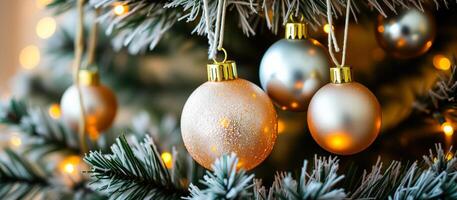close- view a frosted evergreen tree adorned with shiny ornaments warm lights photo