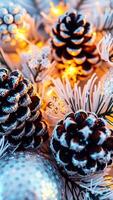 cerca- pino conos con brillante luces festivo acentos foto